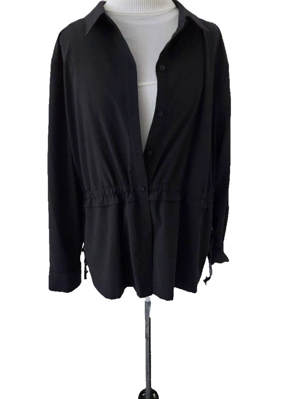 Calvin Klein Peplum Top Black Cinched Waist Blouse Button Up Collared SZ XL Poly